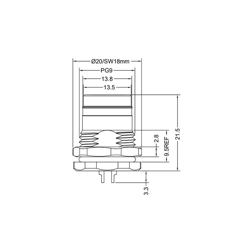 Push-pull m12 3pins A code female straight front panel mount connector PG9 thread,unshielded,solder,brass with nickel plated shell